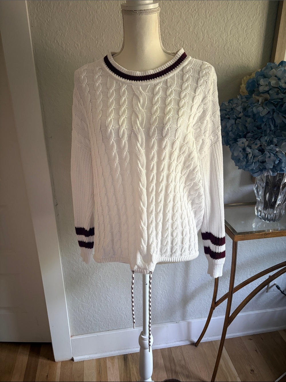 Lou & Grey White Cable Knit Sweater with Burgundy Stripe Accents